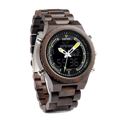 Wooden BOBO BIRD Mens Wristwatch with Night Light & Week Display at Total Giftshop