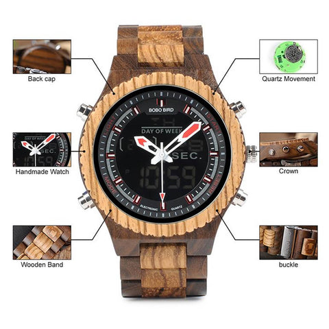 Wooden BOBO BIRD Multifunctional Mens Dual Display LED Features at Total Giftshop