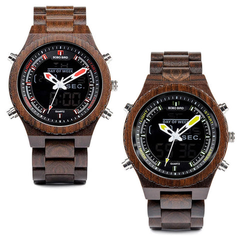 Wooden BOBO BIRD Mens Wristwatch with Night Light & Week Display at Total Giftshop