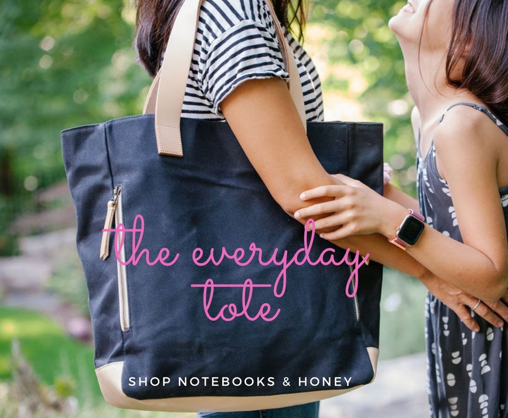 Notebooks and Honey tote bag, the everyday tote bag, owner and daughter photo for the mother's day small business blog post. 