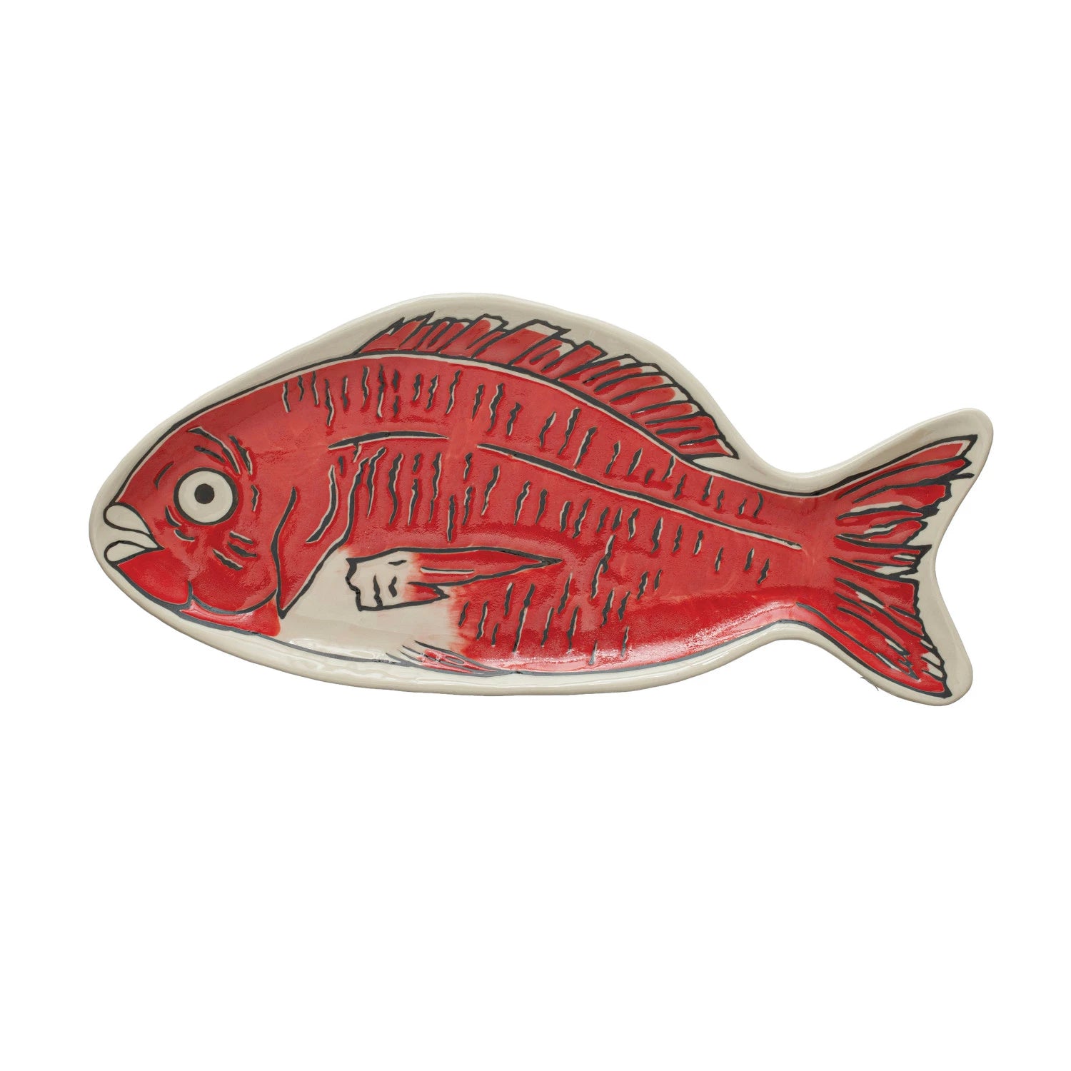 Stoneware Wax Relief Fish Shaped Plate, Red & White