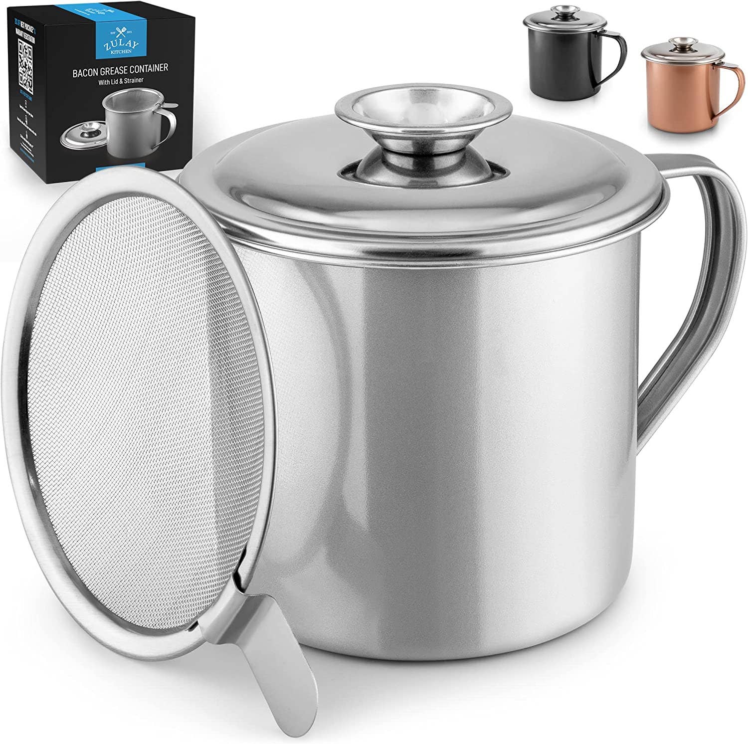 Zulay Kitchen - Bacon Grease Container With Strainer & Lid - 1 Liter: Silver