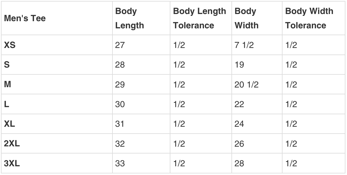 MENS TEE SIZING GUIDE