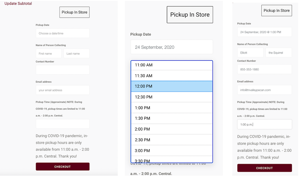 steps to select date for in-store pickup | Tennessee Valley Pecan Company