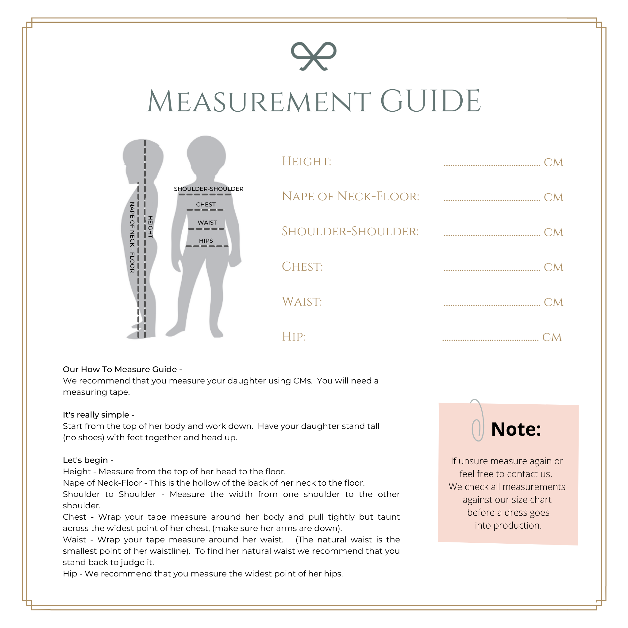 measuring guide for communion dresses