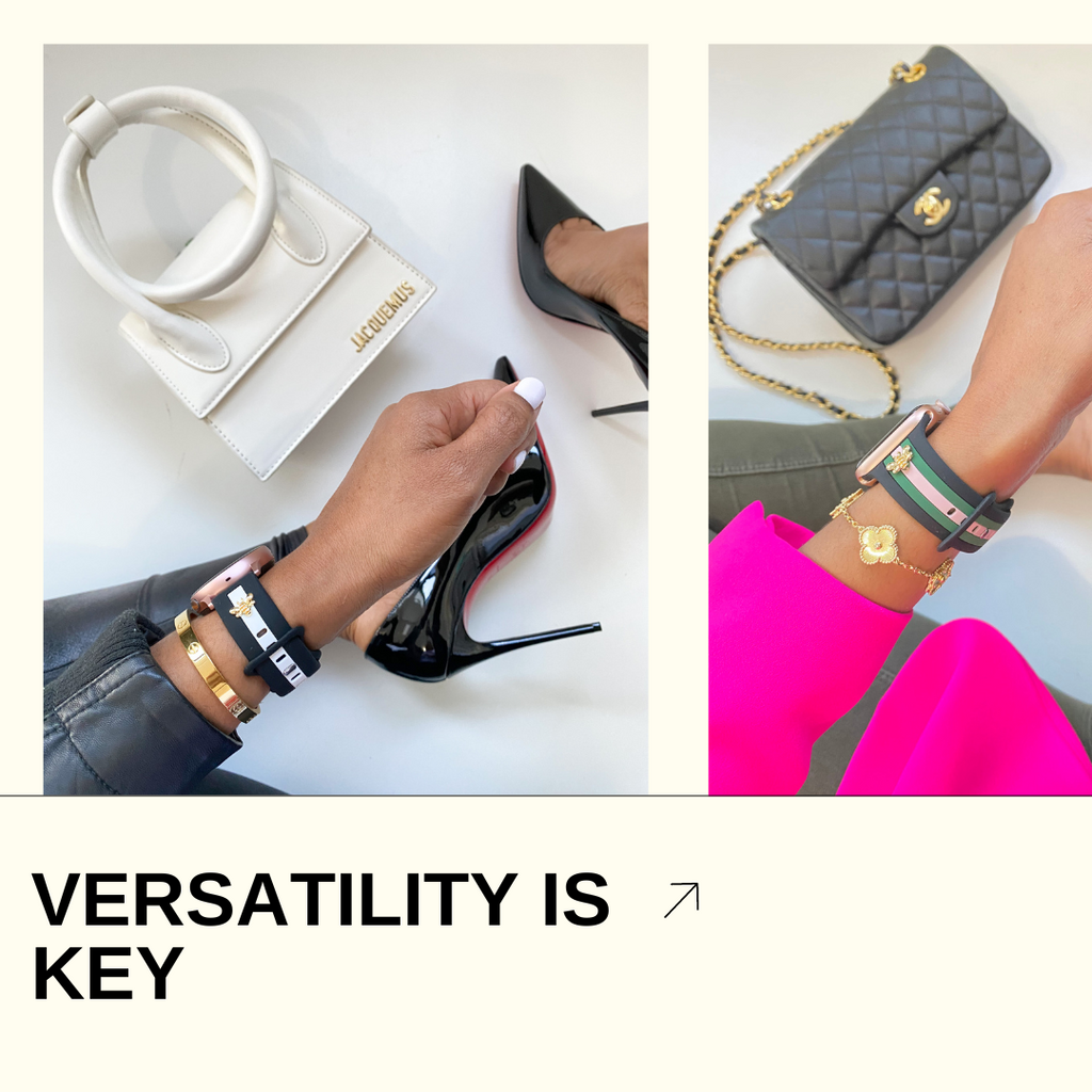 Image of a woman wearing different watch bands to show the versatility