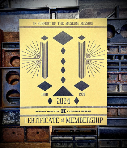 Hamilton Wood Type & Printing Museum membership certificate