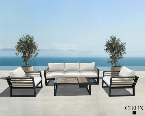 CIEUX Sofa Set Canvas Natural Avignon Outdoor Patio Aluminum Metal Sofa Conversation Set in Black with Sunbrella Cushions - Available in 2 Colours