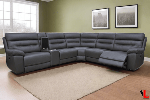 Levoluxe Sectional Aura Corner Sectional Sofa with Console and Power Recliners in Charcoal Faux Leather