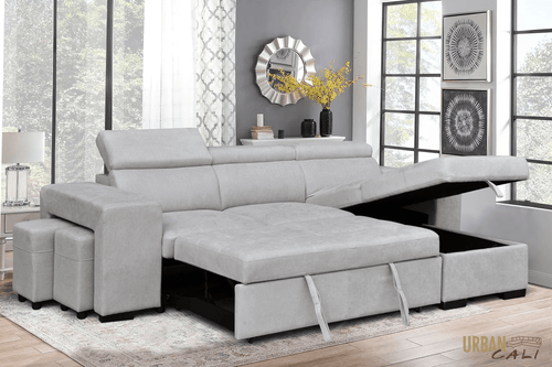 Urban Cali Sectional Sonoma Sleeper Sectional Sofa Bed with Reversible Storage Chaise and 2 Stools in Canvas Grey