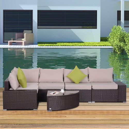 Aosom Sectional 6 Piece Outdoor Patio Wicker Rattan Modular Sectional Sofa with Coffee Table in Khaki