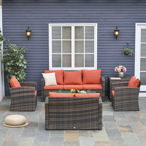 Aosom Sofa Set 6 Piece Outdoor Patio Rattan Wicker Conversation Sofa Set with Storage Coffee Table and End Table in Orange