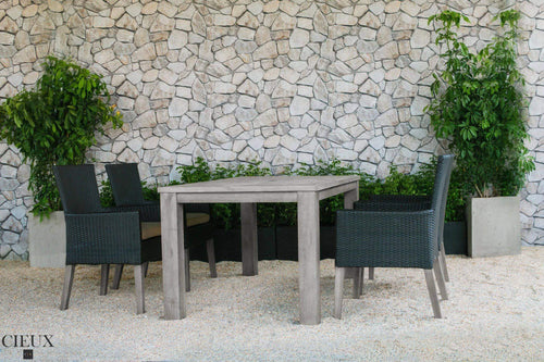 CIEUX Patio Dining Champagne Weathered Teak Table with Four Dark Chocolate Wicker Chairs