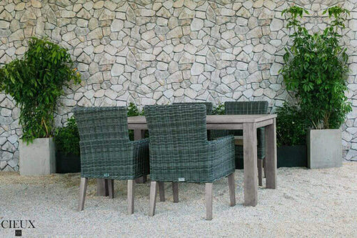 CIEUX Patio Dining Champagne Weathered Teak Table with Four Grey Wicker Chairs