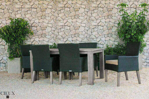 CIEUX Patio Dining Champagne Weathered Teak Table with Six Dark Chocolate Wicker Chairs