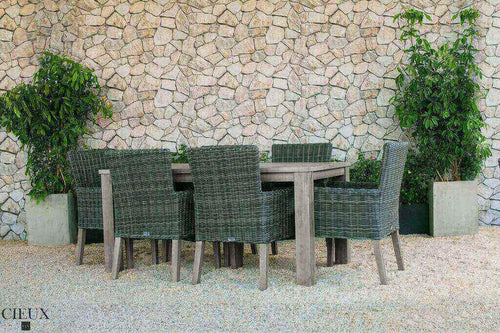 CIEUX Patio Dining Champagne Weathered Teak Table with Six Grey Wicker Chairs