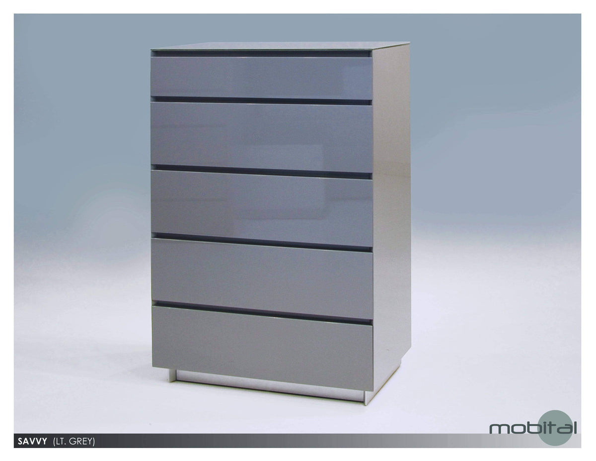 Savvy 5 Drawer Chest High Gloss Light Grey With Glass Top