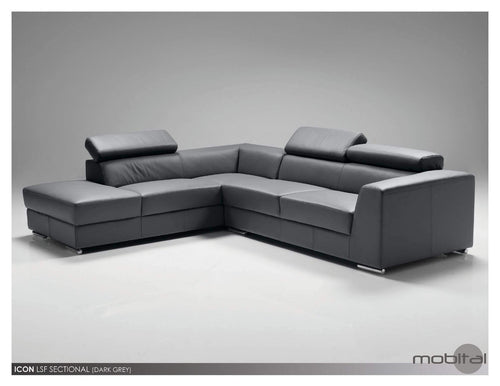 Mobital Leather Sectional Dark Grey Icon Left Hand Chaise Sectional Black Premium Leather with Side Split - Available in 3 Colours