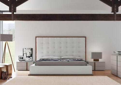 Modloft Bed Ludlow White Leather Platform Bed in Walnut King Size