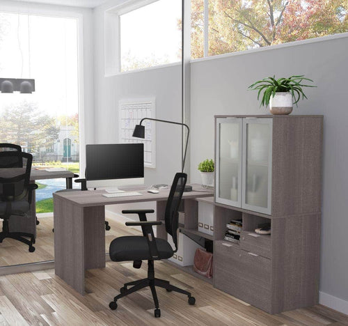 Modubox Desk Bark Grey i3 Plus L-shaped Desk with Frosted Glass Doors Hutch - Available in 3 Colours