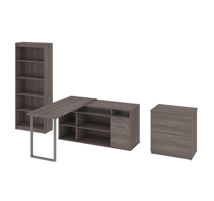 Modubox Desk Bark Grey Solay 3-Piece Set Including an L-Shaped Desk, a Lateral File Cabinet, and a Bookcase - Available in 3 Colours
