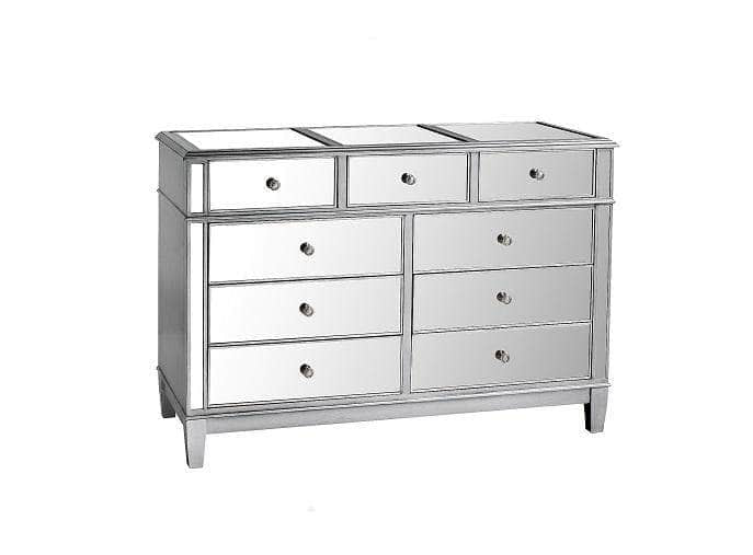 Danielle Mirrored 9 Drawer Dresser - Silver