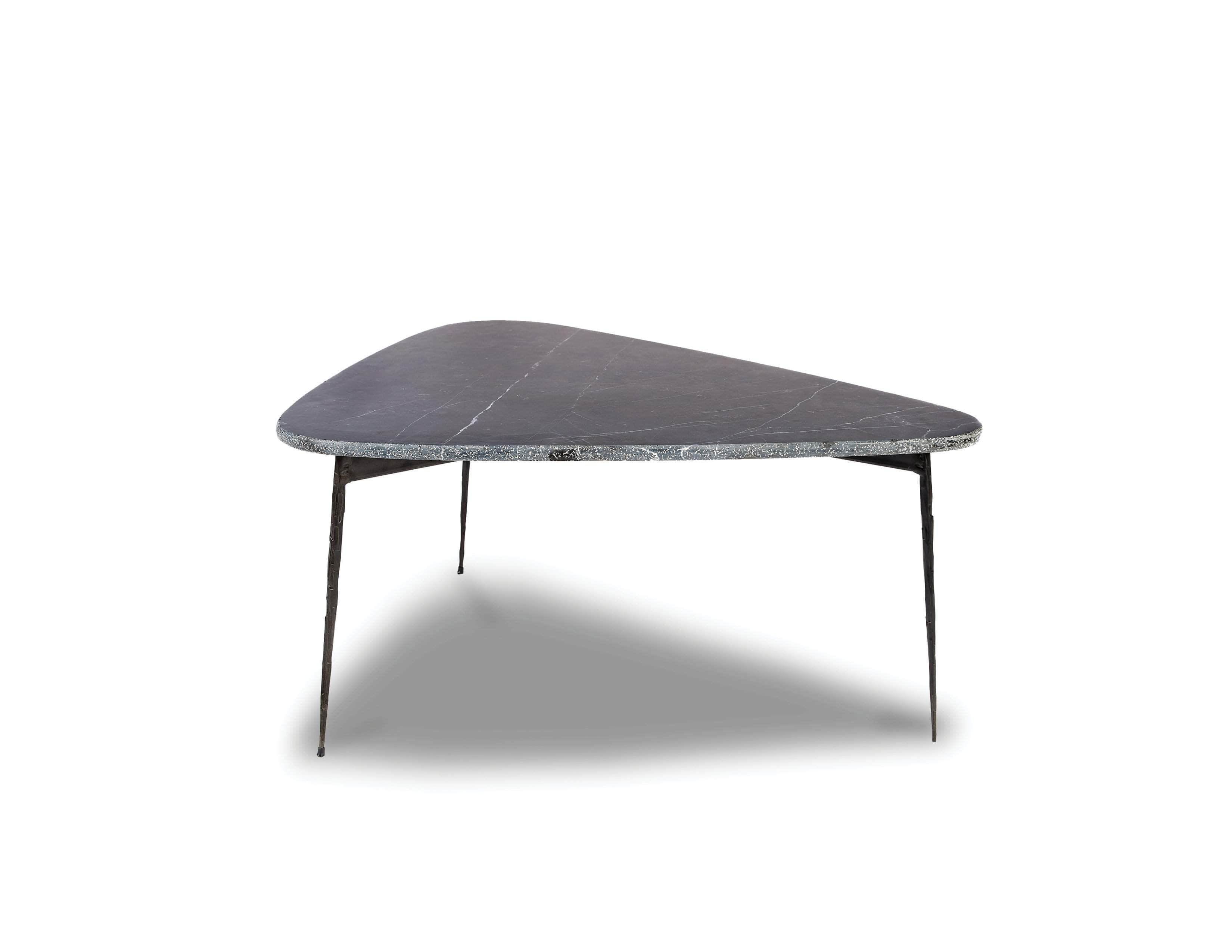 Flint 14" Small Coffee Table Black with Spanish Nero Marquina Marble and Distressed Forged Black Iron Legs