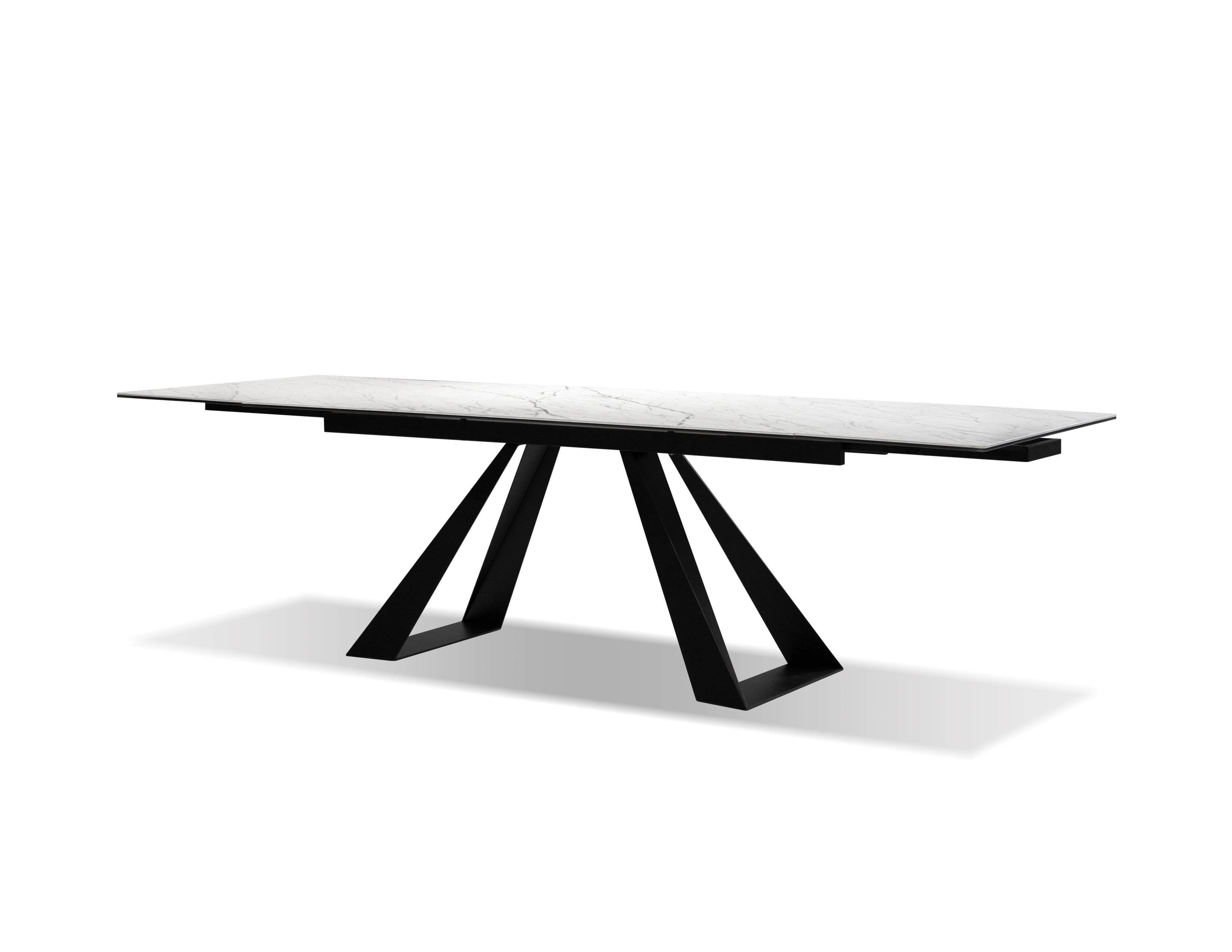 Bridge Dining Table in White Carrera with Black Powder Coated Base