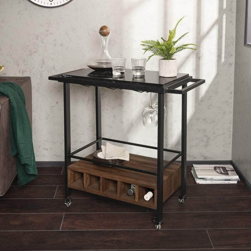 Walker Edison 34" Modern Industrial Bar Serving Cart - Faux Black Marble/Dark Walnut