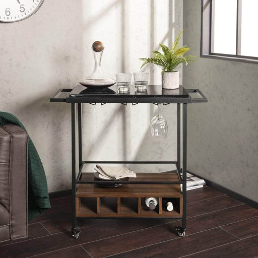 Walker Edison 34" Modern Industrial Bar Serving Cart - Faux Black Marble/Dark Walnut