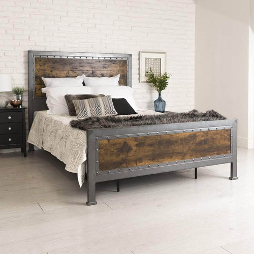 Pending - Walker Edison Bed Brown Industrial Queen Size Bed - Available in 3 Colours