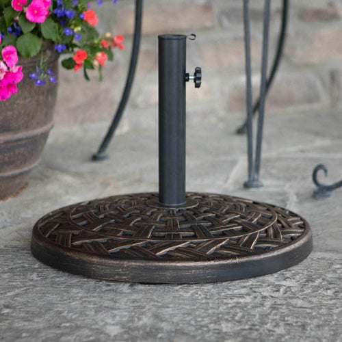 Pending - Walker Edison Round Table Antique Bronze Cross Weave Round Outdoor Patio Umbrella Base - Available in 2 Colours