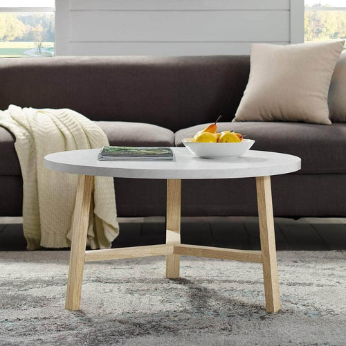 Pending - Walker Edison Round Table Emerson Mid Century Modern Round Coffee Table - Faux White Marble/Light Oak