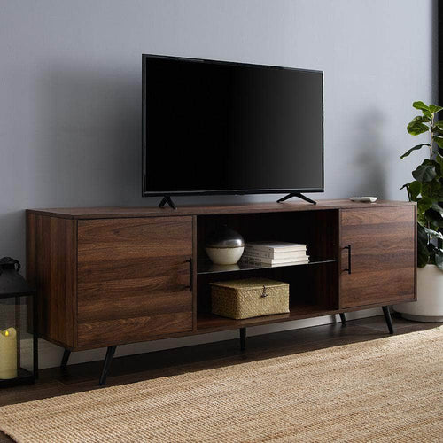 Pending - Walker Edison TV Stand 70" Mid Century Modern Glass Shelf 2 Door TV Stand - Dark Walnut