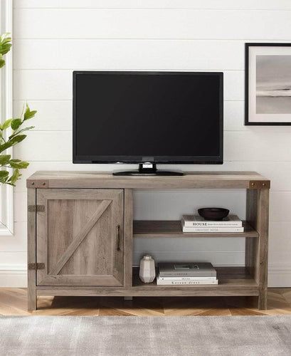 Pending - Walker Edison TV Stand Grey Wash 44" Asymmetrical Barn Door Farmhouse TV Stand - Available in 3 Colours