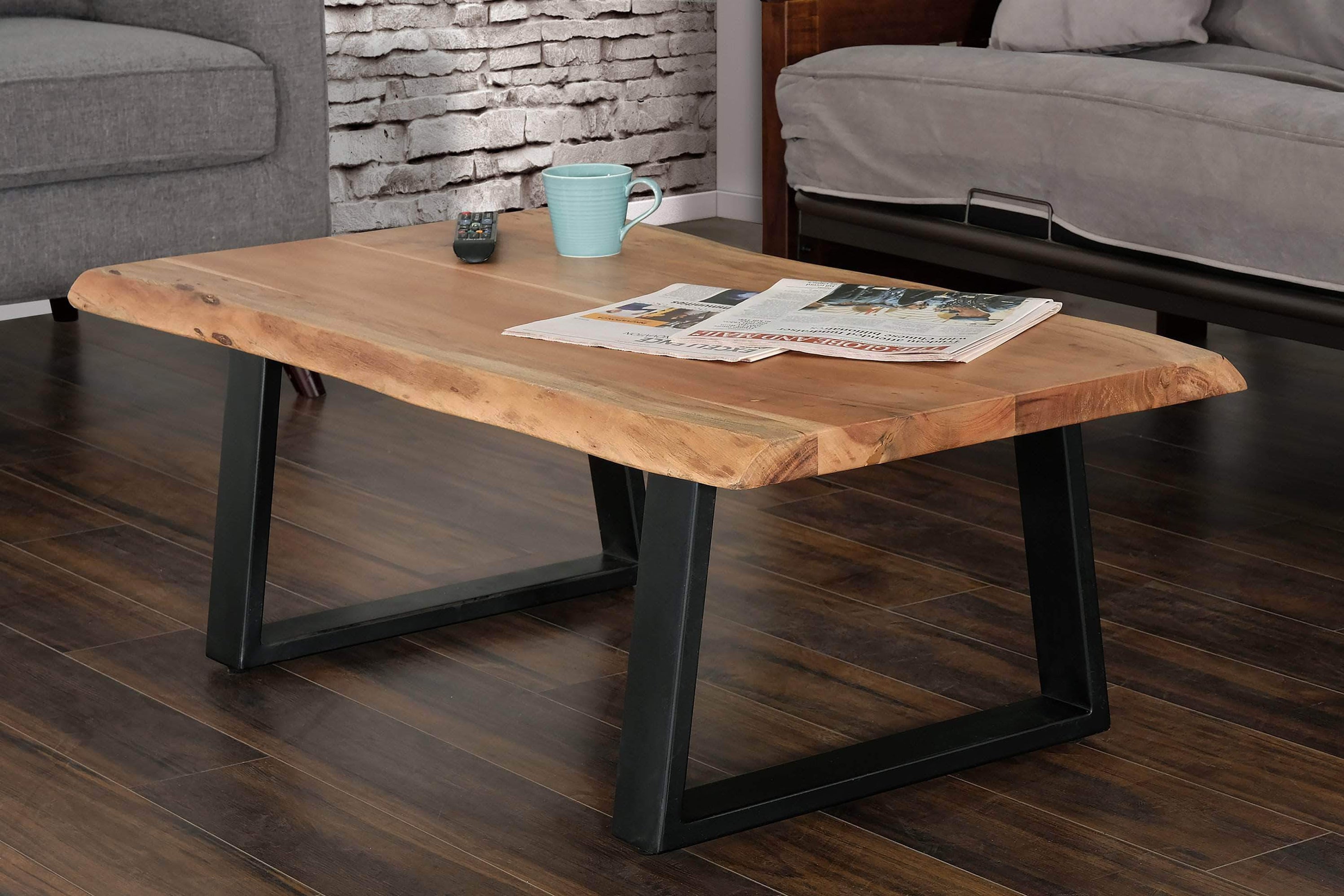 Rustic Solid Acacia Wood Top Coffee Table with Metal Legs Primo