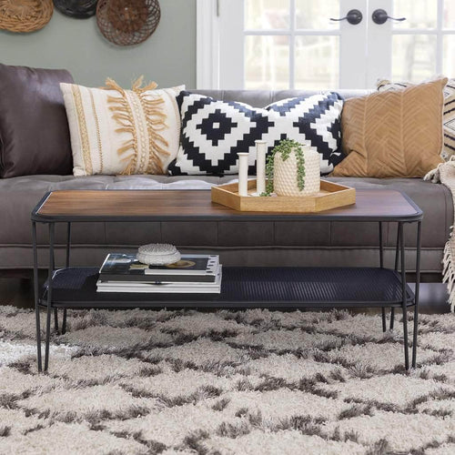 Walker Edison Coffee Table Dark Walnut 42” Urban Industrial Mesh Metal Shelf Hairpin Leg Coffee Table - Available in 2 Colours