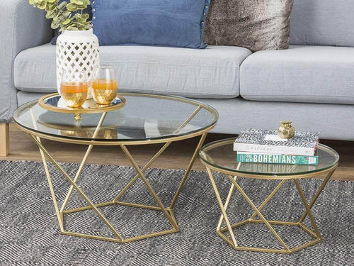 Walker Edison Nesting Table Glass/Gold Caroline Modern Geometric Nesting Coffee Table Set - Available in 2 Colours