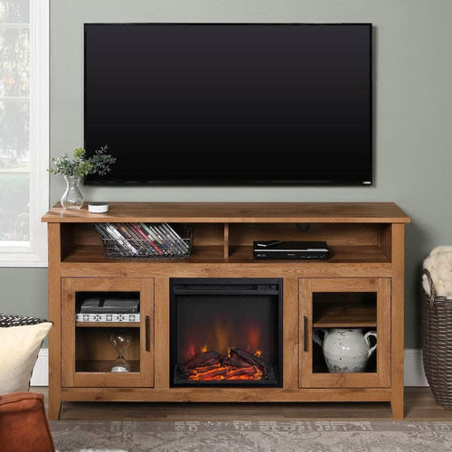 Walker Edison TV Stand Barnwood 58" Wasatch Highboy Transitional Fireplace Glass Wood TV Stand - Available in 5 Colours
