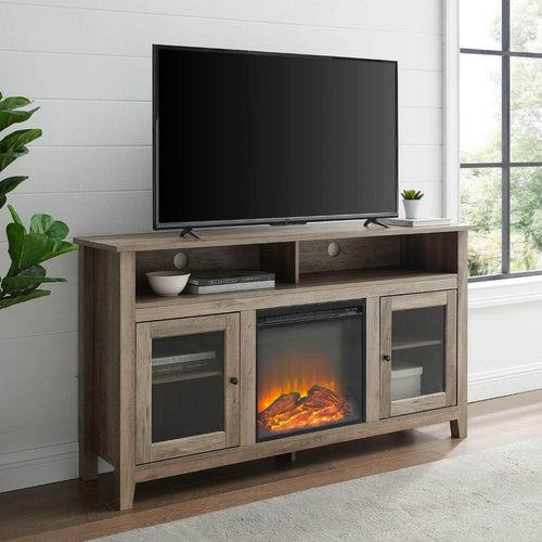 Walker Edison TV Stand Grey Wash 58" Transitional Fireplace Glass Wood TV Stand - Grey Wash