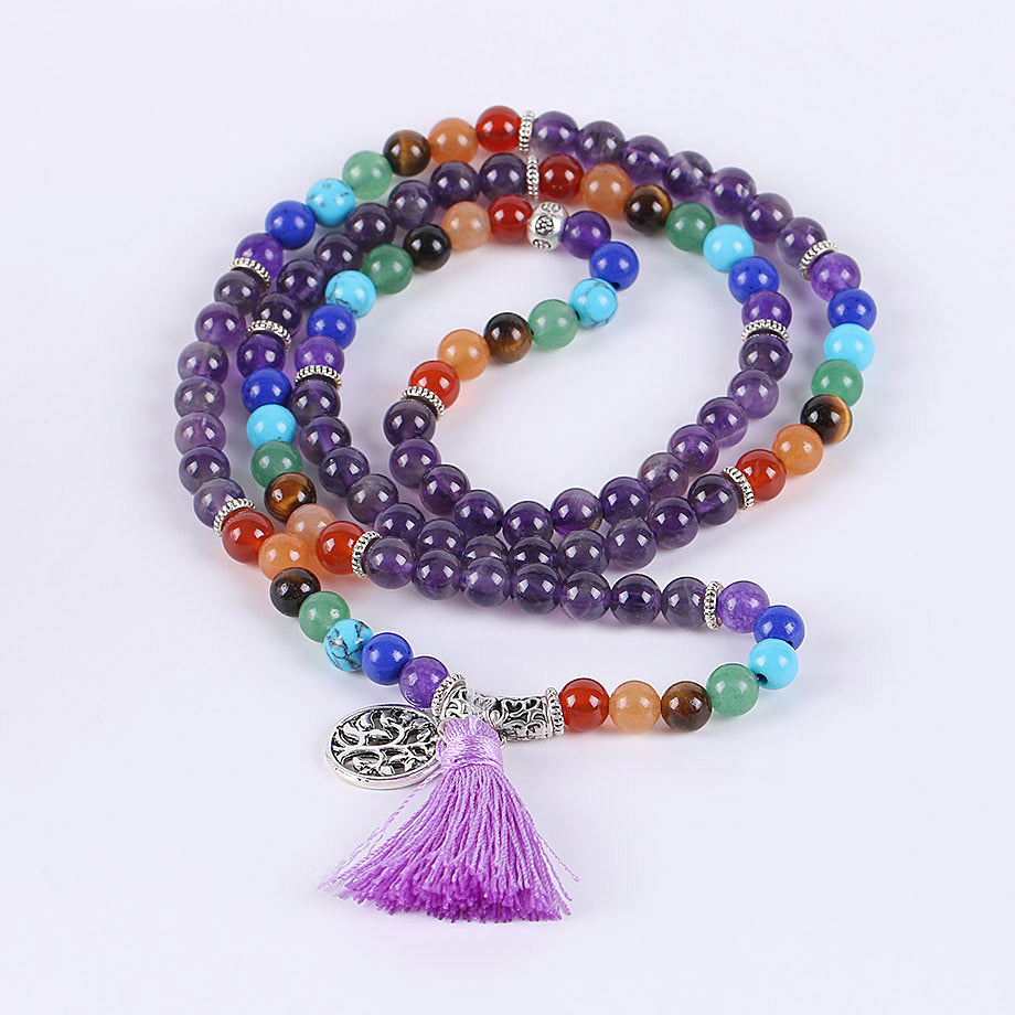 Tree of Life 7 Chakra Amethyst 108 Mala Beads Bracelet