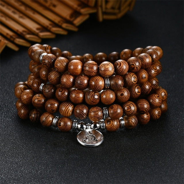 108 Wooden Beads Mala Bracelet X Lotus / Flower of Life / OM / Buddha