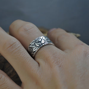 Pure Silver Adjustable Lotus Ring with the Heart Sutra Inside