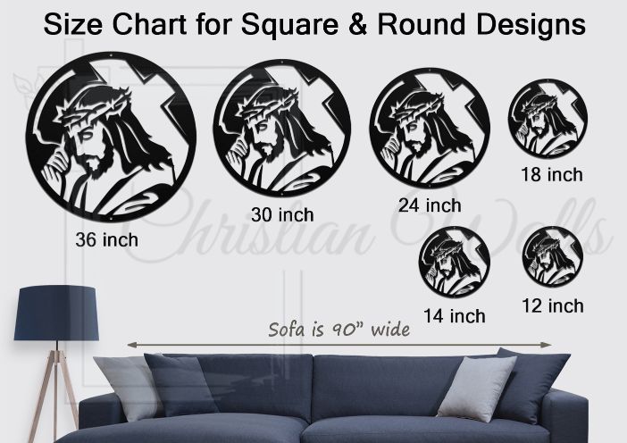 Christian Metal wall art sizes for square and round designs