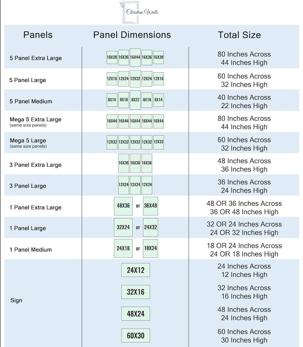 christian walls canvas size chart