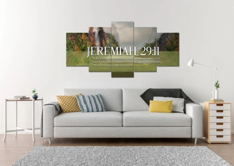 multi panel canvas with jeremiah 29 11 above sofa