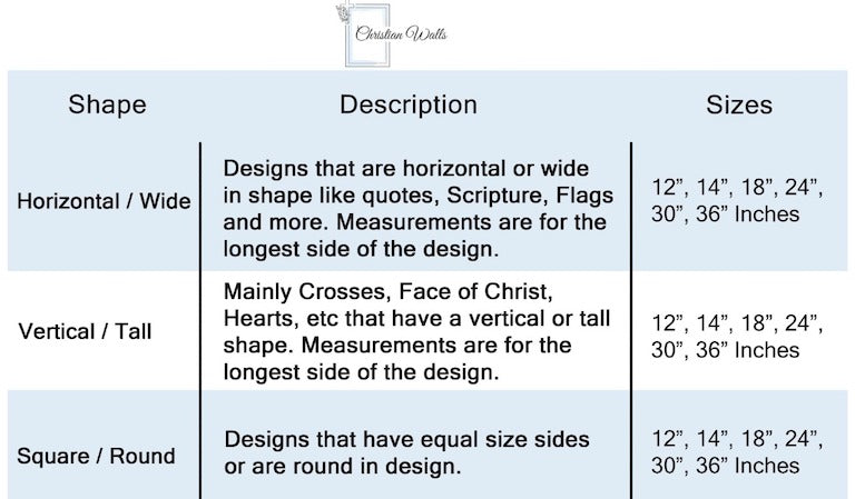 christian metal wall art 1 page size chart