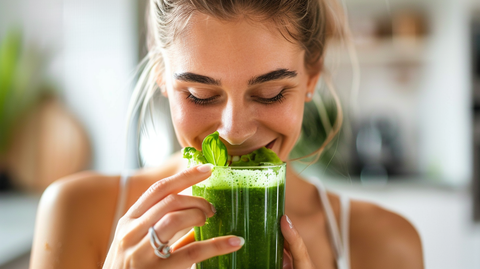 A close-up of a stunning fit woman enjoying her glass of freshly blended greens juice in a bright white kitchen.