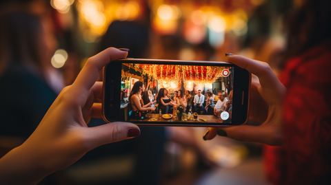 Capturing a joyous family moment, she raises her phone to preserve the delightful scene of loved ones relishing each other's company.