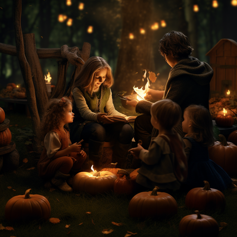 A cozy scene of a family and guest enjoying the Halloween storytelling time around a fire with pumpkins in the backyard.